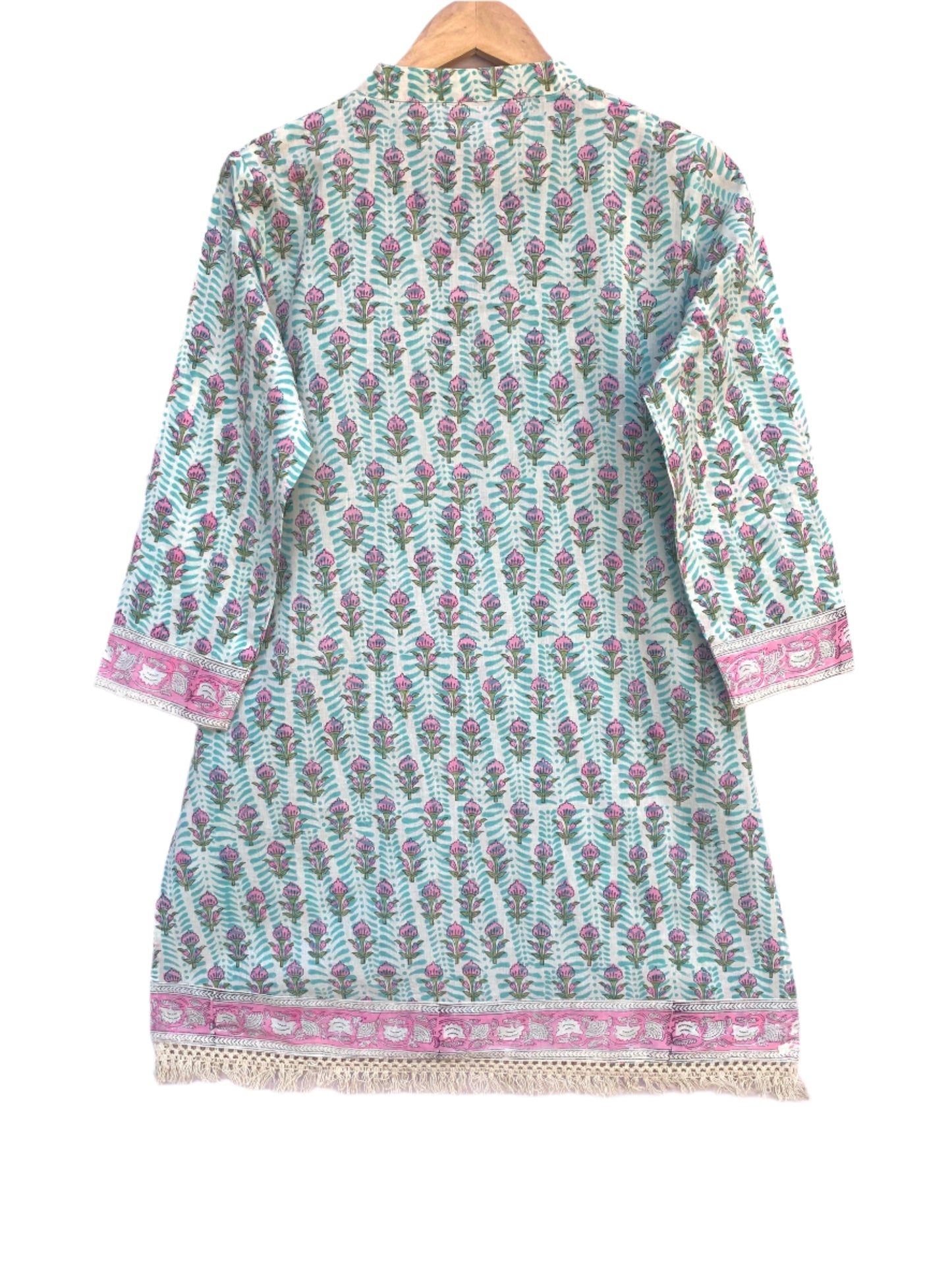 summer blue and pink cotton blouse with lace