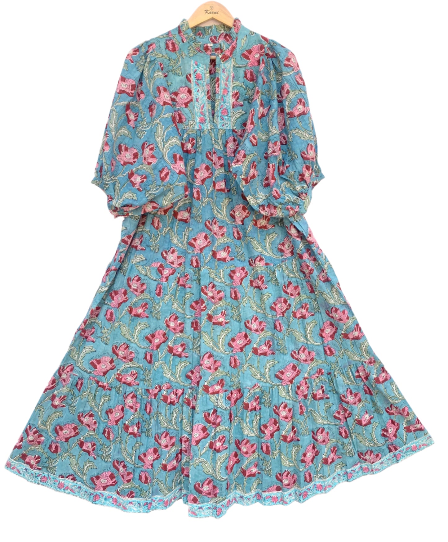 indian green red floral hand block printed women's maxi dress - frill collar with belt long dress