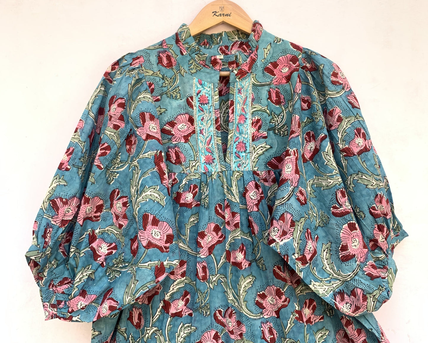 indian green red floral hand block printed women's maxi dress - frill collar with belt long dress