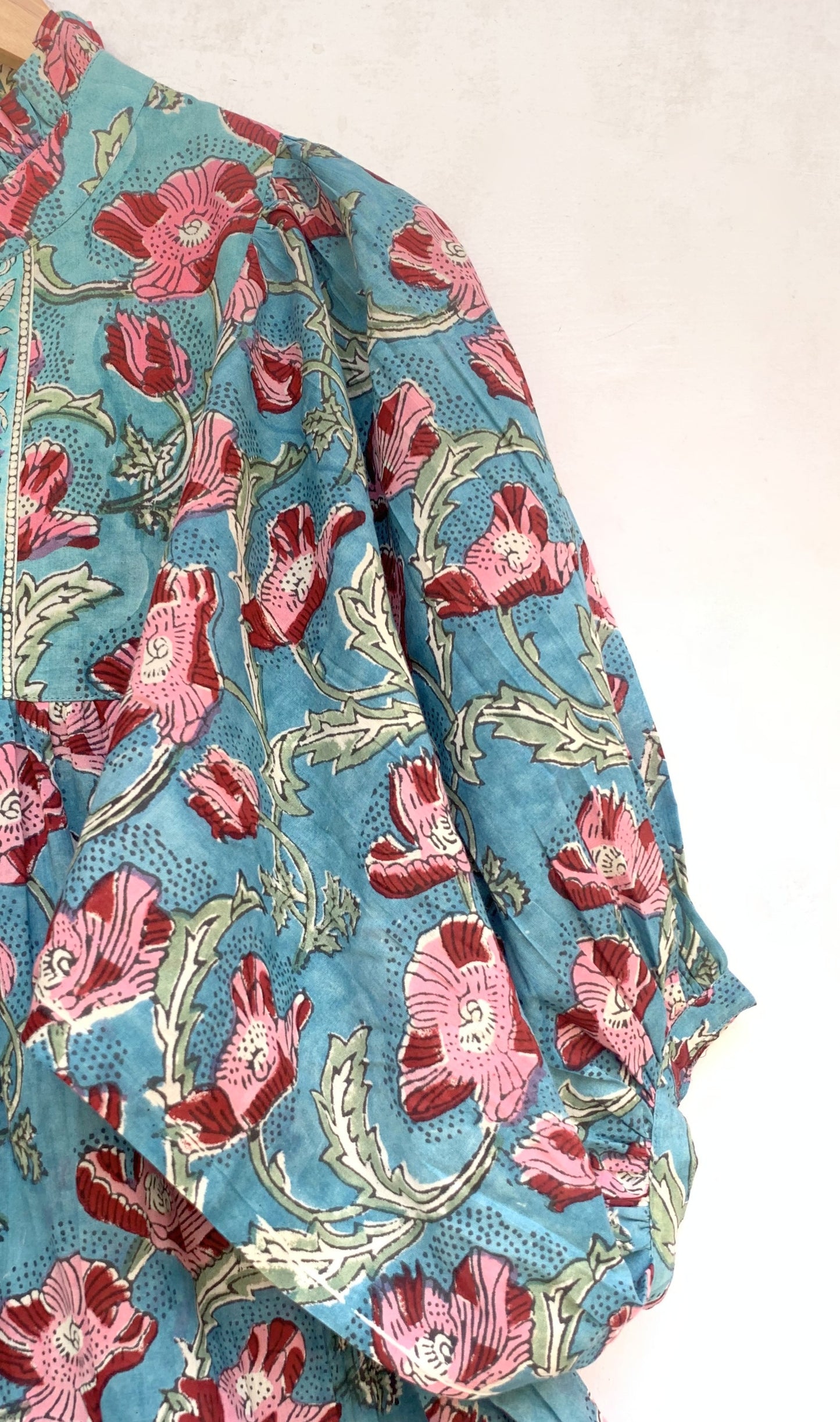 indian green red floral hand block printed women's maxi dress - frill collar with belt long dress