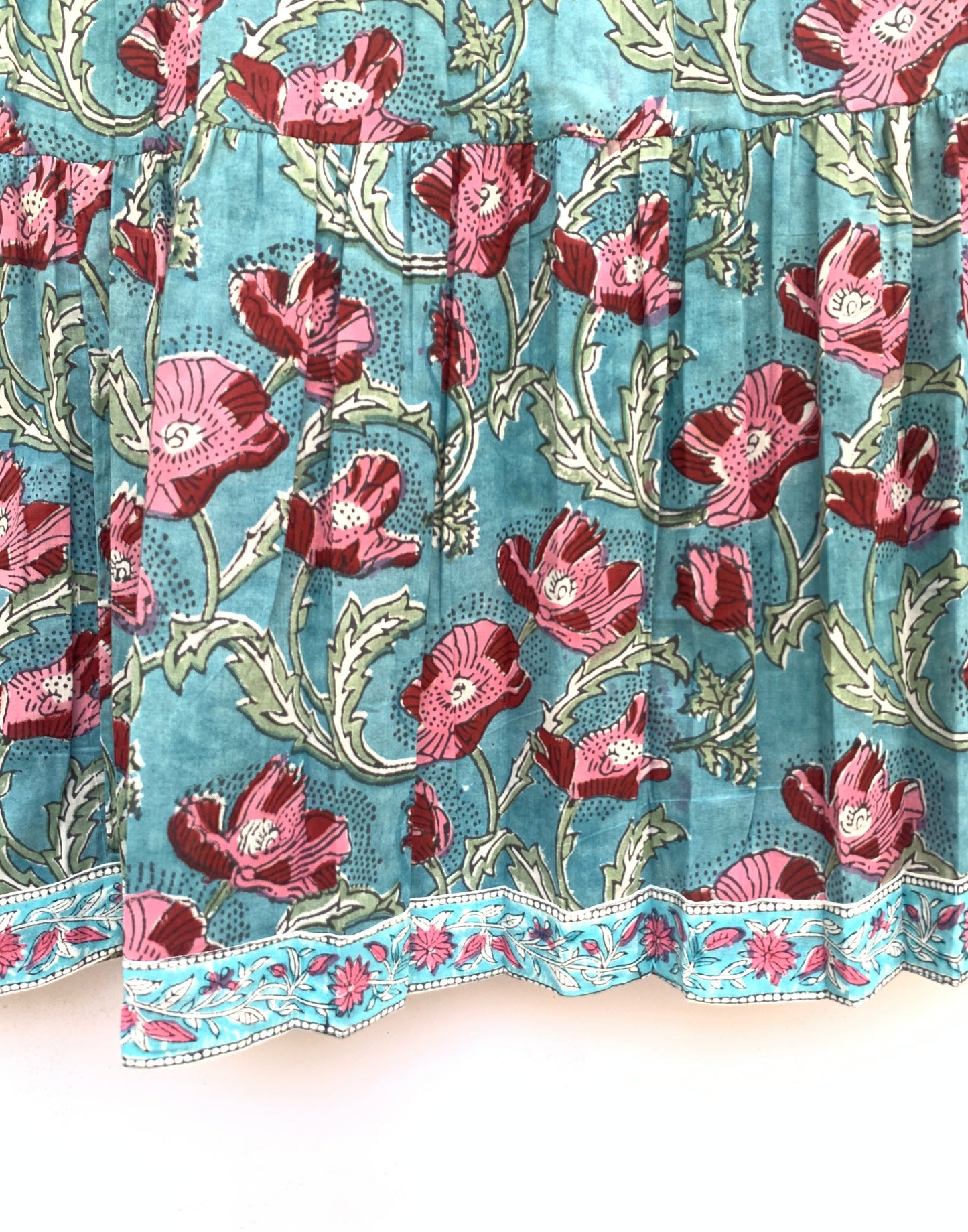 indian green red floral hand block printed women's maxi dress - frill collar with belt long dress
