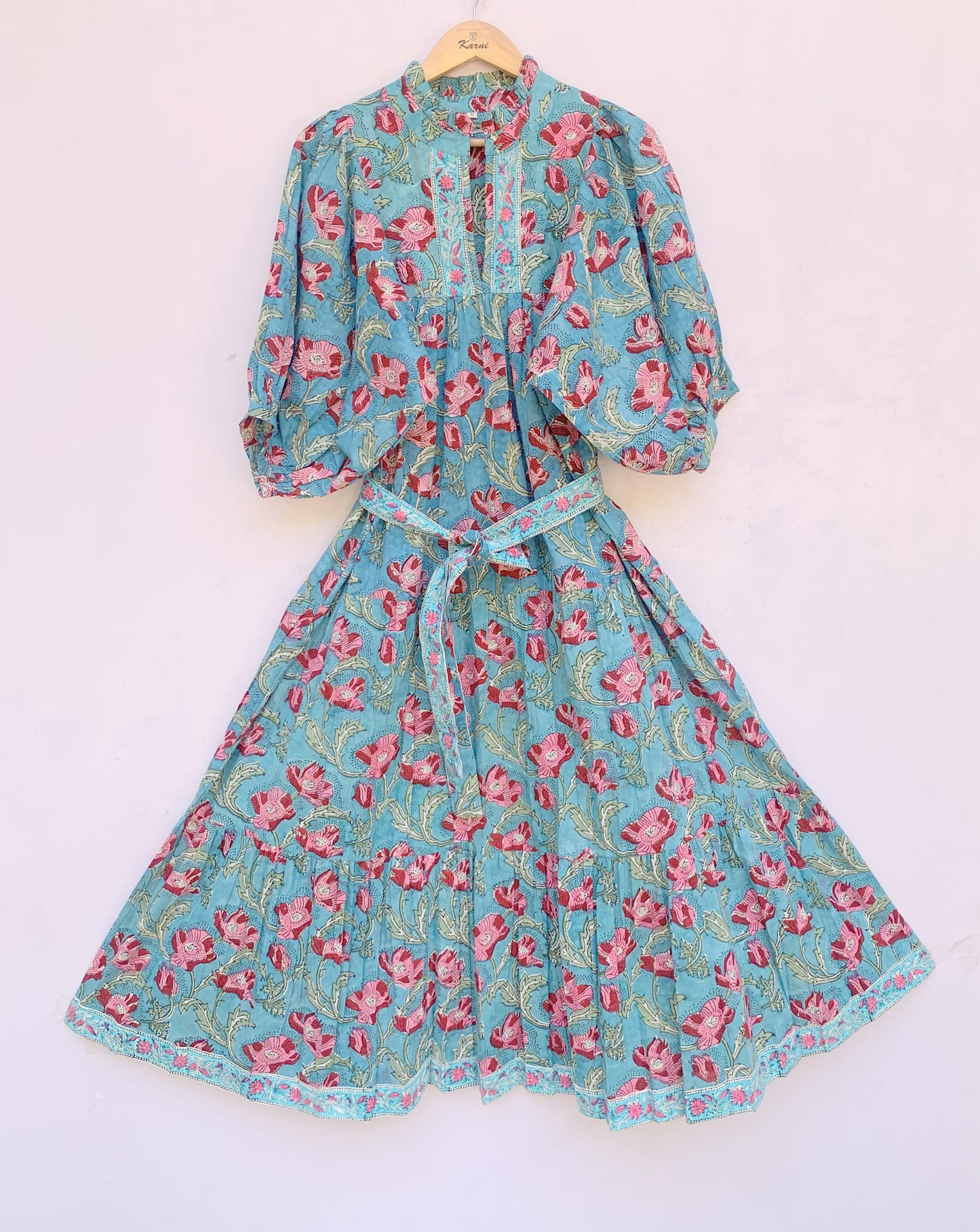 indian green red floral hand block printed women's maxi dress - frill collar with belt long dress