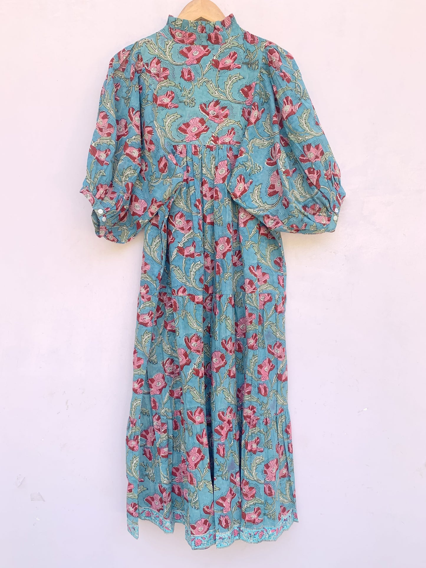 indian green red floral hand block printed women's maxi dress - frill collar with belt long dress