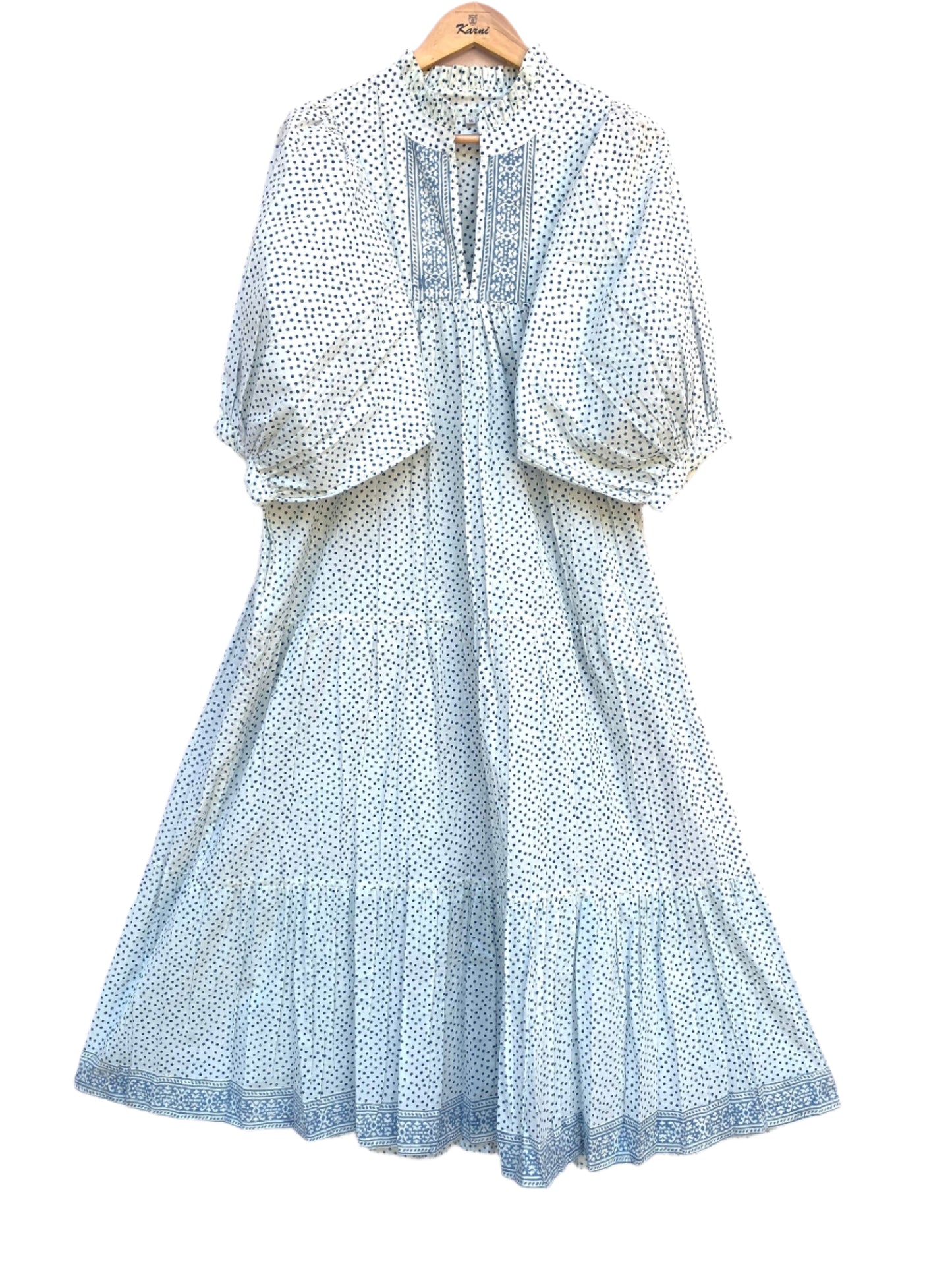 white and blue dotted maxi dress with belt