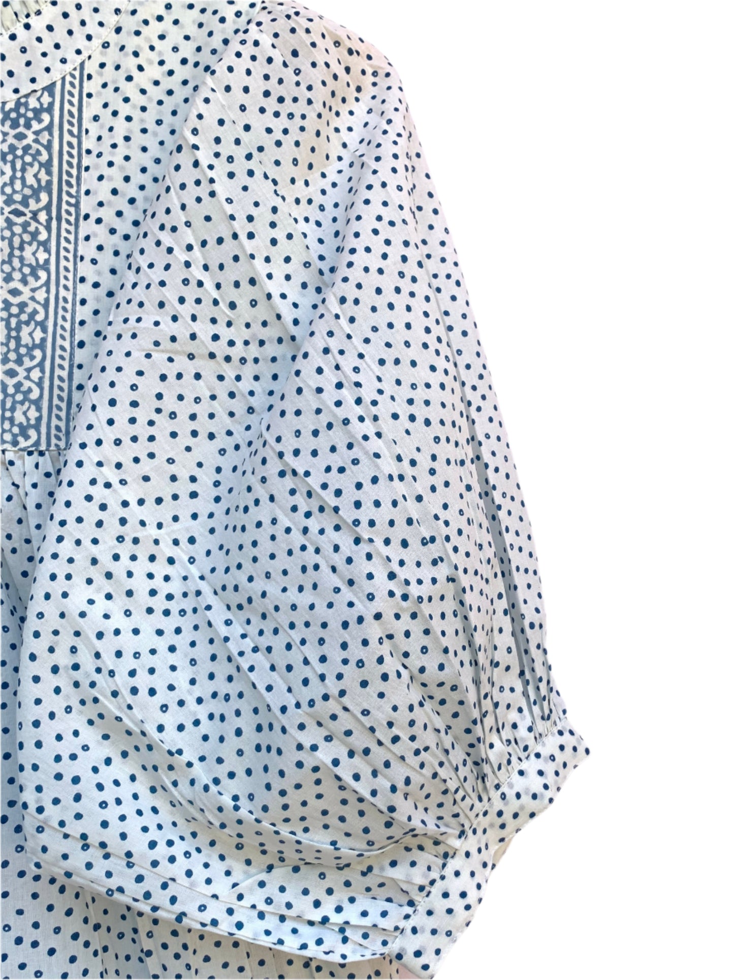white and blue dotted maxi dress with belt