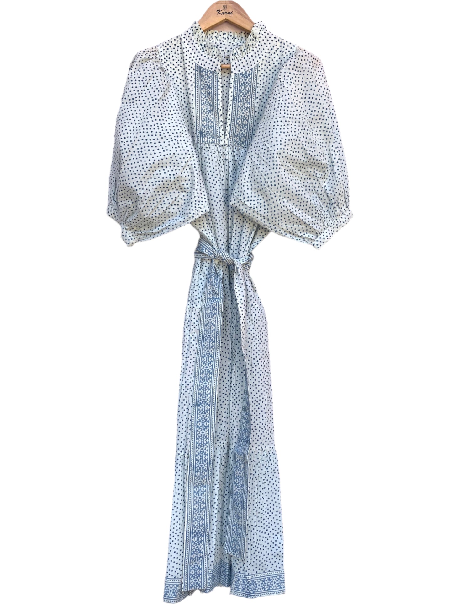 white and blue dotted maxi dress with belt