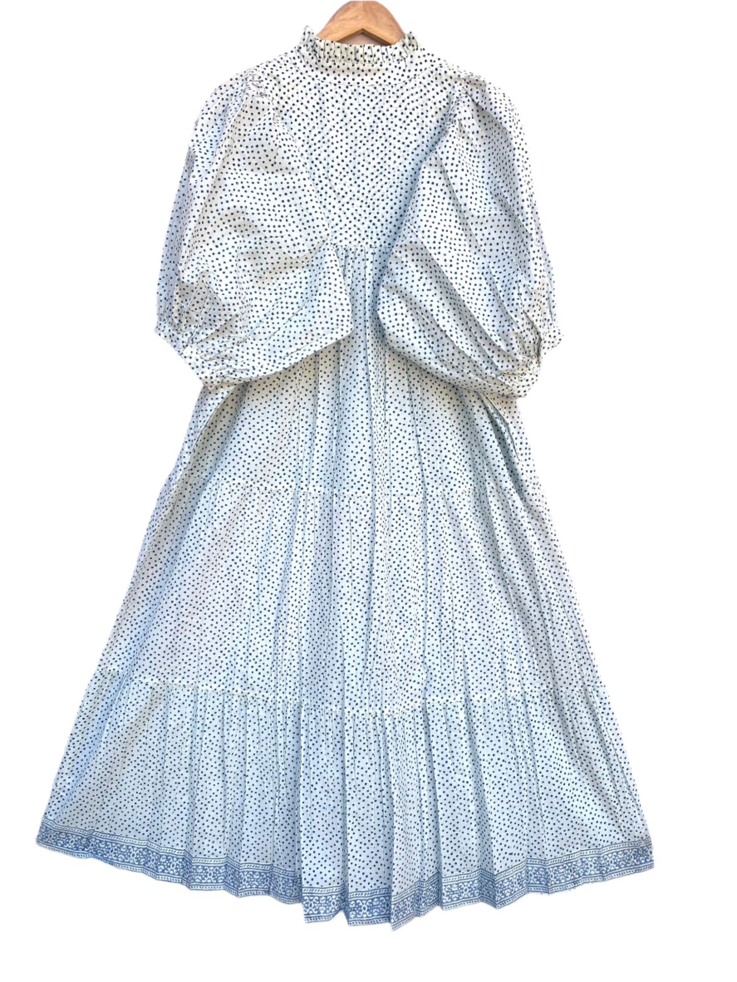 white and blue dotted maxi dress with belt
