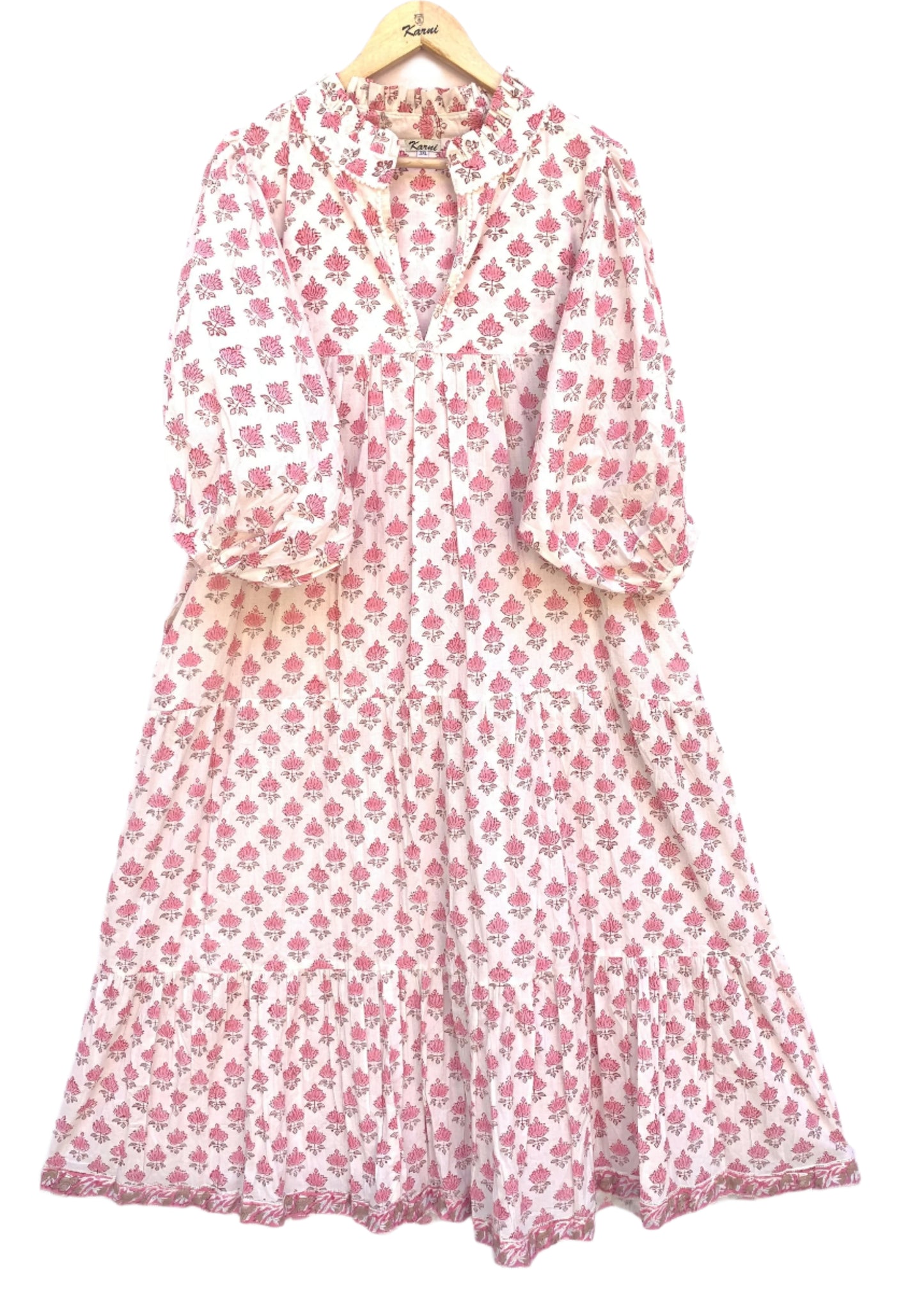 summer baby pink floral hand block printed women's maxi dress