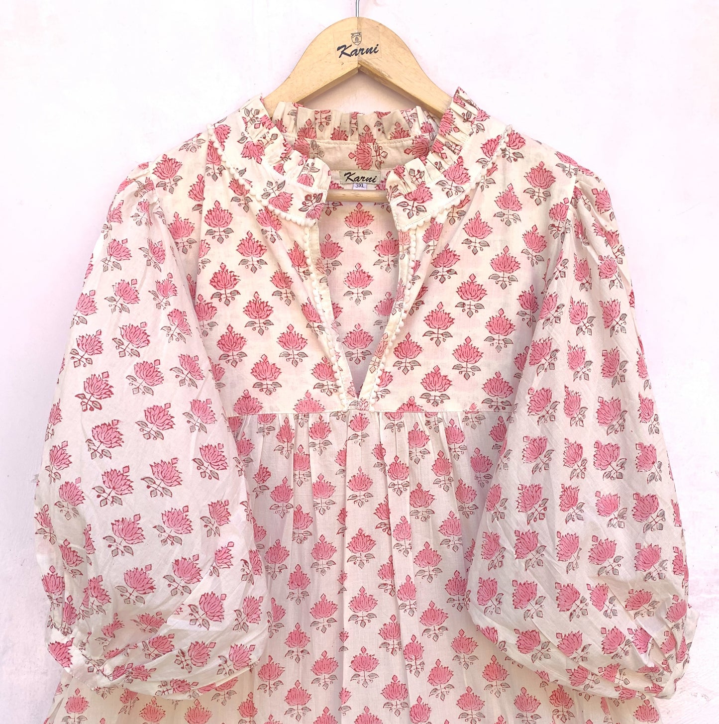 summer baby pink floral hand block printed women's maxi dress