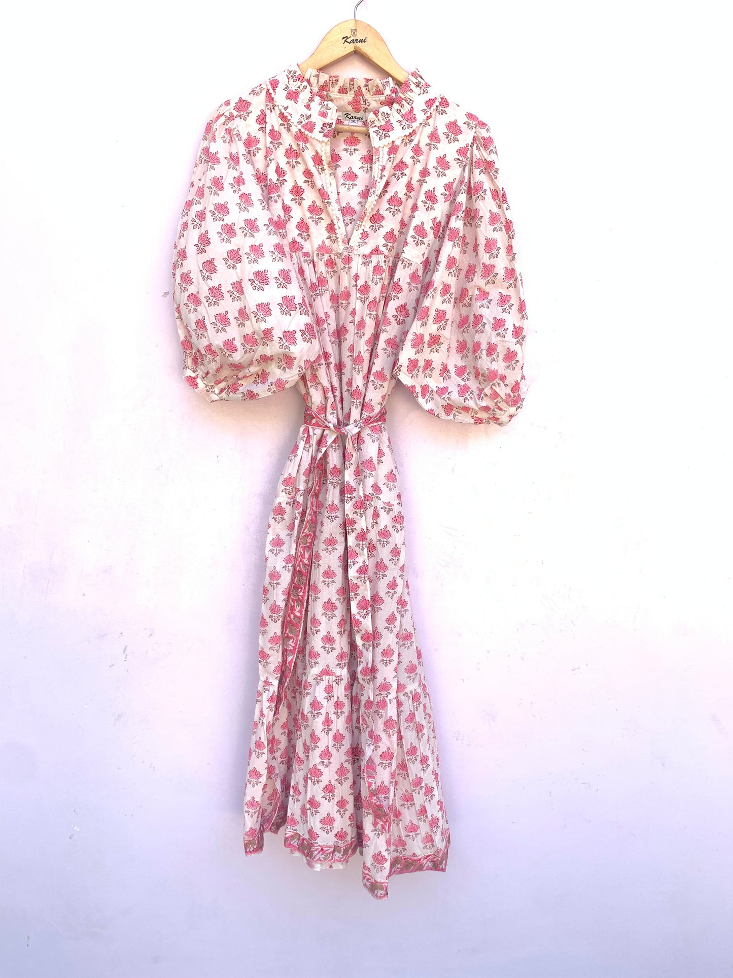 summer baby pink floral hand block printed women's maxi dress