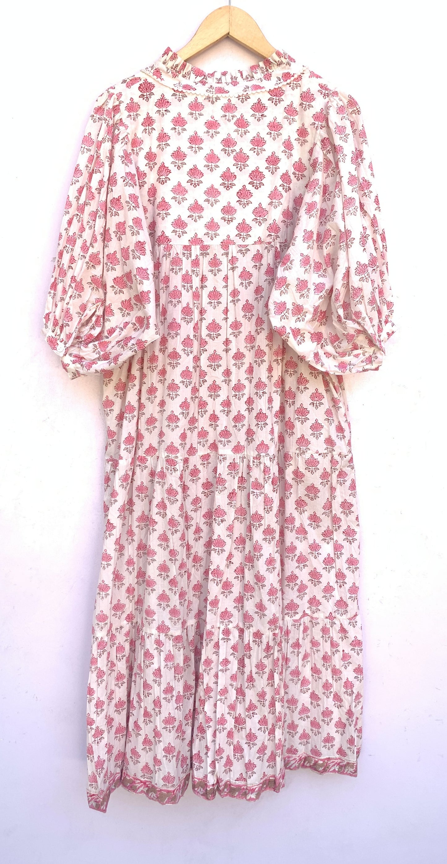 summer baby pink floral hand block printed women's maxi dress