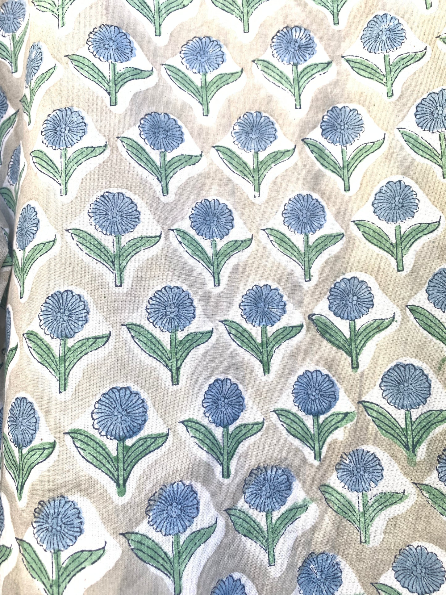 sage green maxi dress with blue marigold print