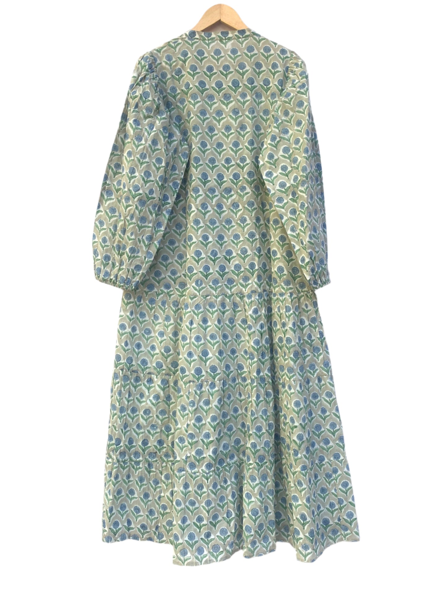 sage green maxi dress with blue marigold print