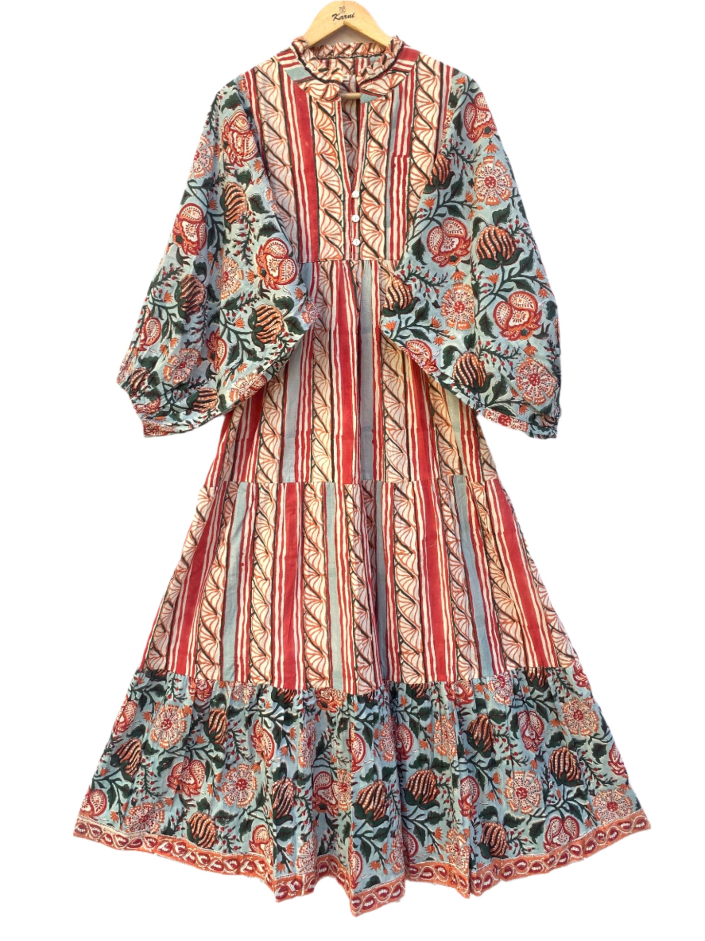 red and white striped dress with blue wildflower sleeves