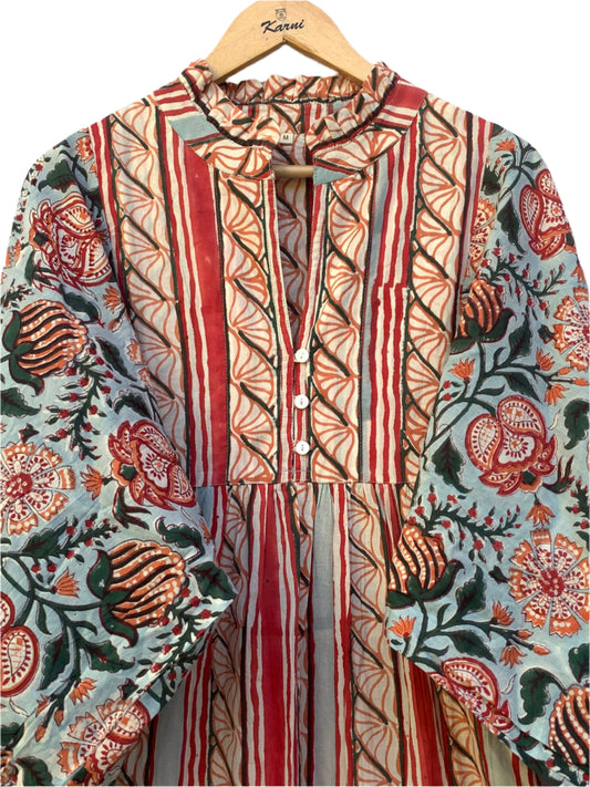 red and white striped dress with blue wildflower sleeves