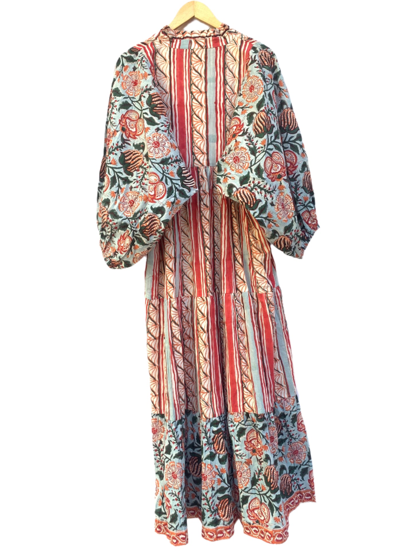 red and white striped dress with blue wildflower sleeves