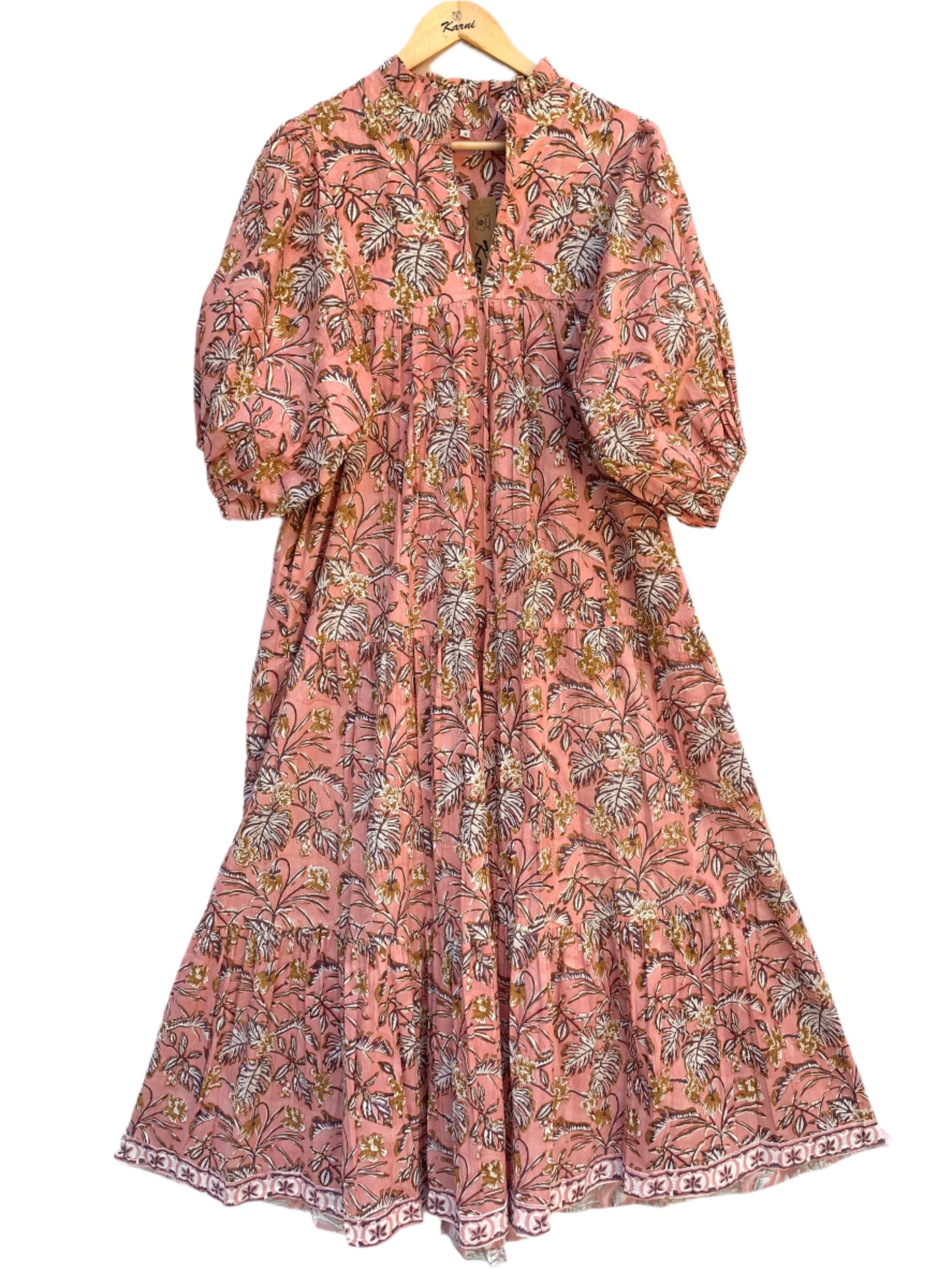 rust colour long balloon sleeve dress with belt for women