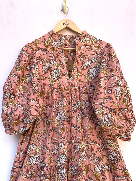 rust colour long balloon sleeve dress with belt for women