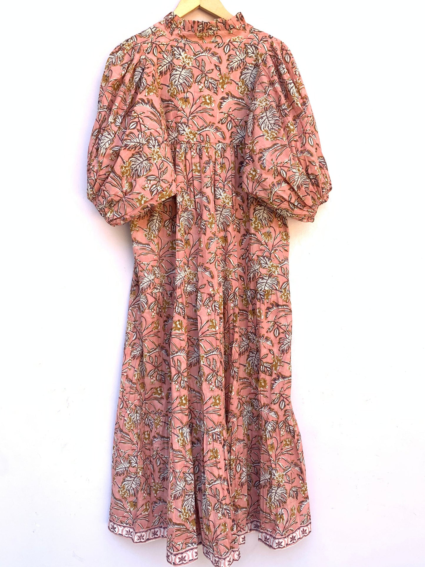 rust colour long balloon sleeve dress with belt for women