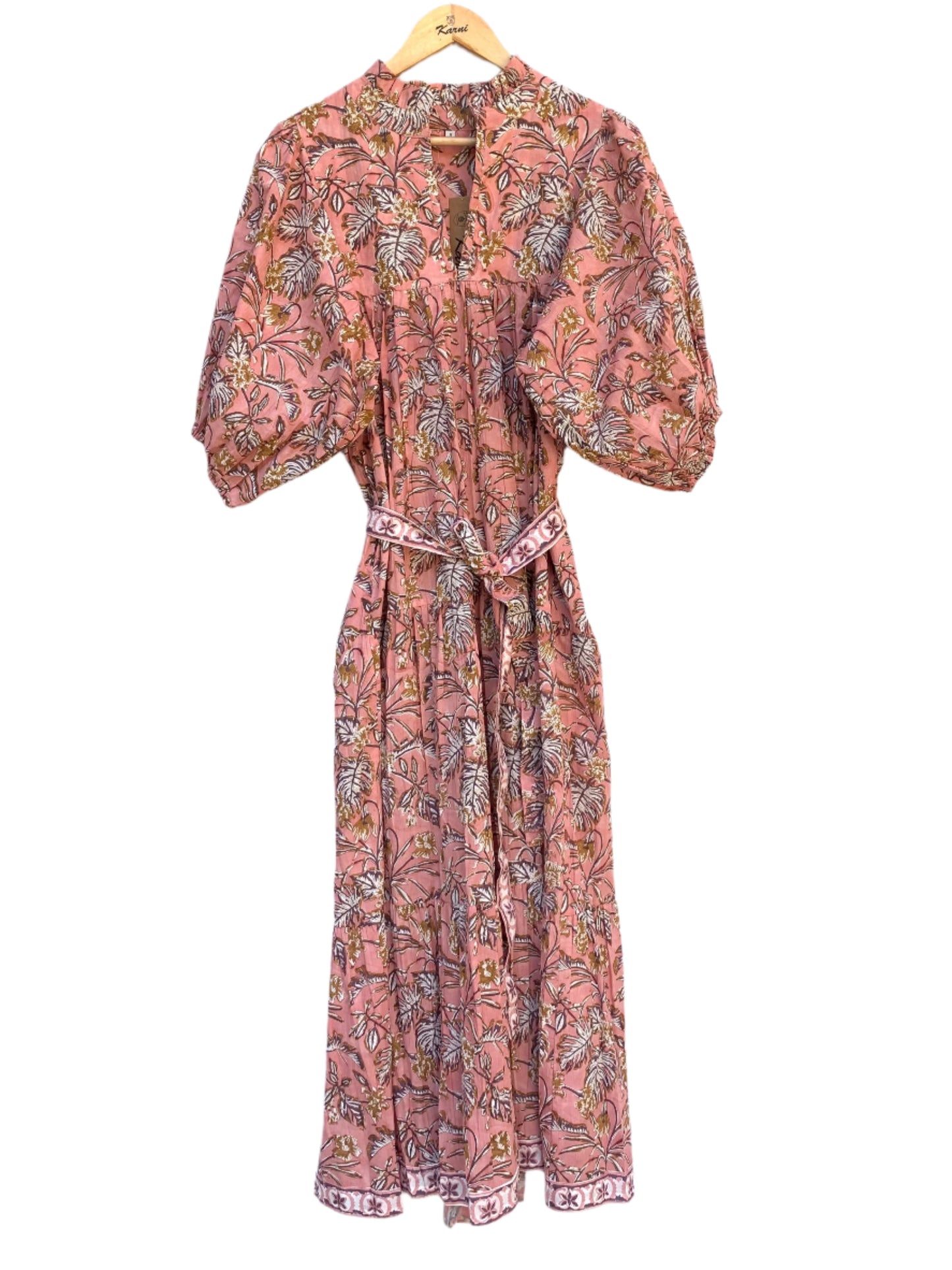 rust colour long balloon sleeve dress with belt for women