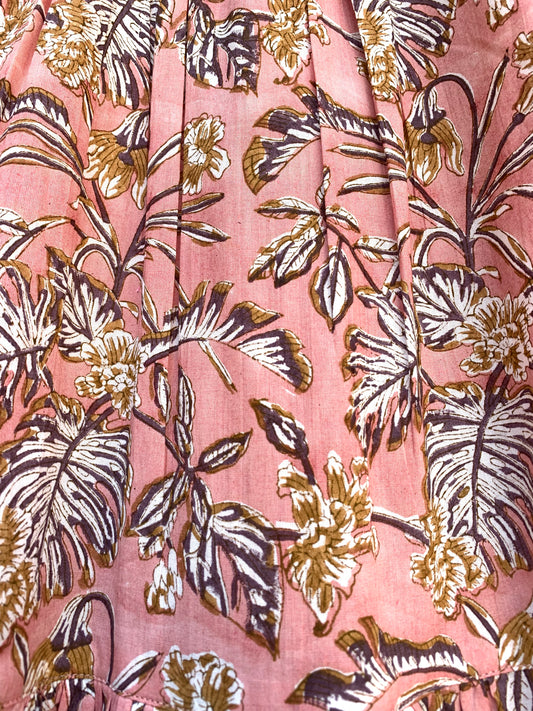 rust leafy print womens maxi dress with tassels