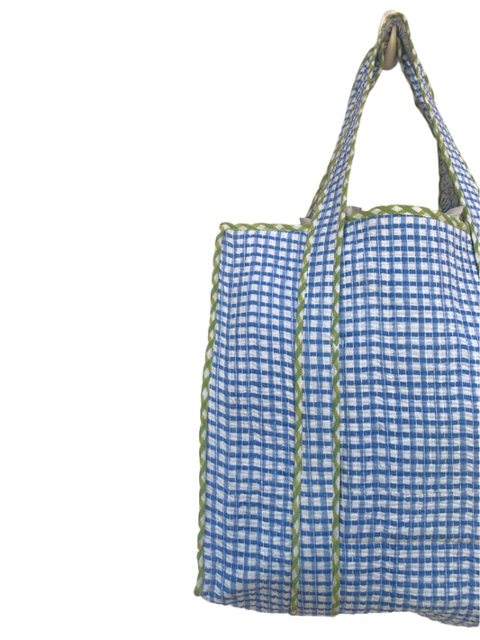 summer cotton blue and white plaid pattern reversible tote bag with green detailing for women- 18” x 18"