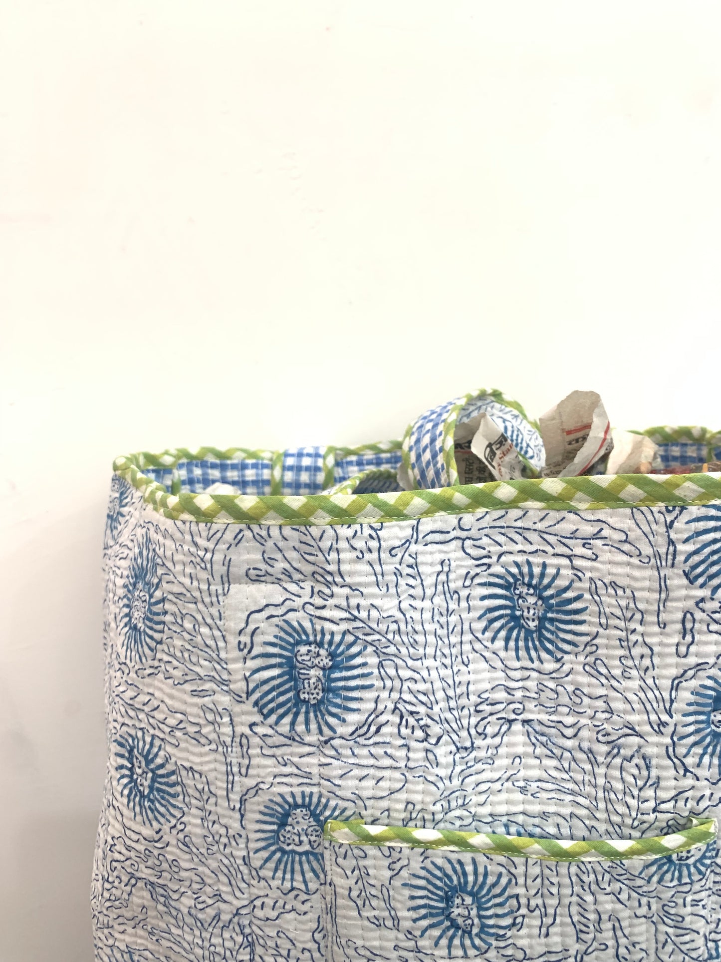 summer cotton blue and white plaid pattern reversible tote bag with green detailing for women- 18” x 18"