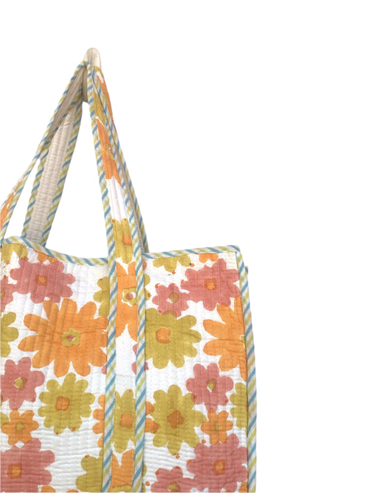 spring multicoloured floral reversible bag with orange and pink flowers- with pocktet- 18” x 18”