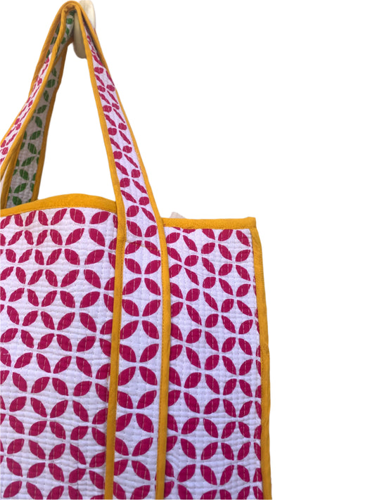 starry pink and white womens reversible tote bag with pocket- 18” x 18”