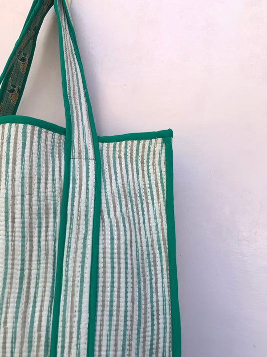classy green and grey striped reversible womens tote bag with pretty floral inside - work bag- with pocket- 16"x16"