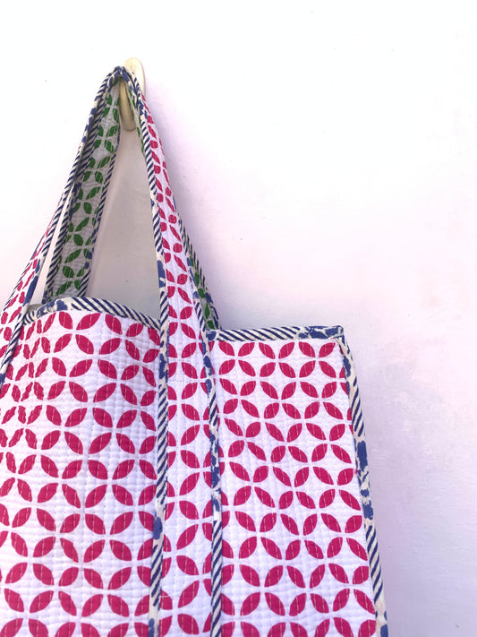 pink and blue cotton womens reversible tote with green insides- with pocket- 18” x 18”