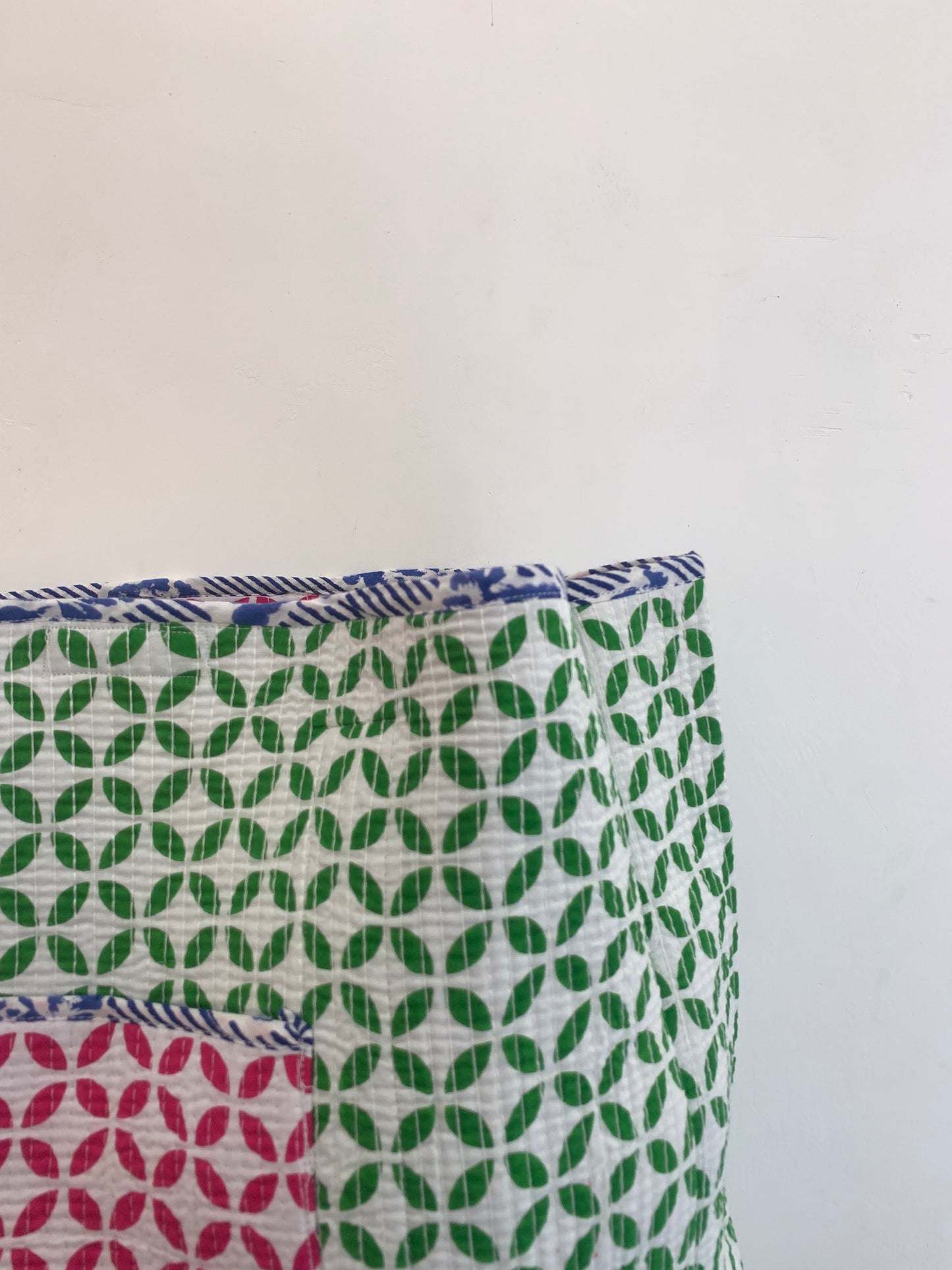 pink and blue cotton womens reversible tote with green insides- with pocket- 18” x 18”