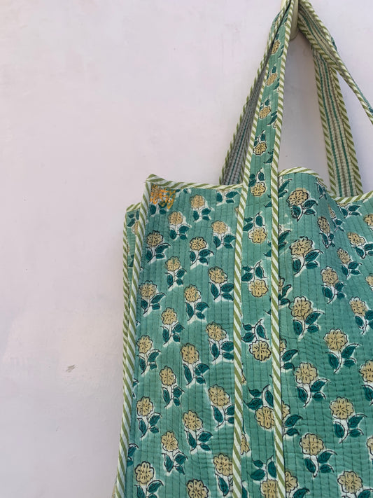 green womens reversible tote bag with yellow floral pattern- with inside pocket- 18” x 18”