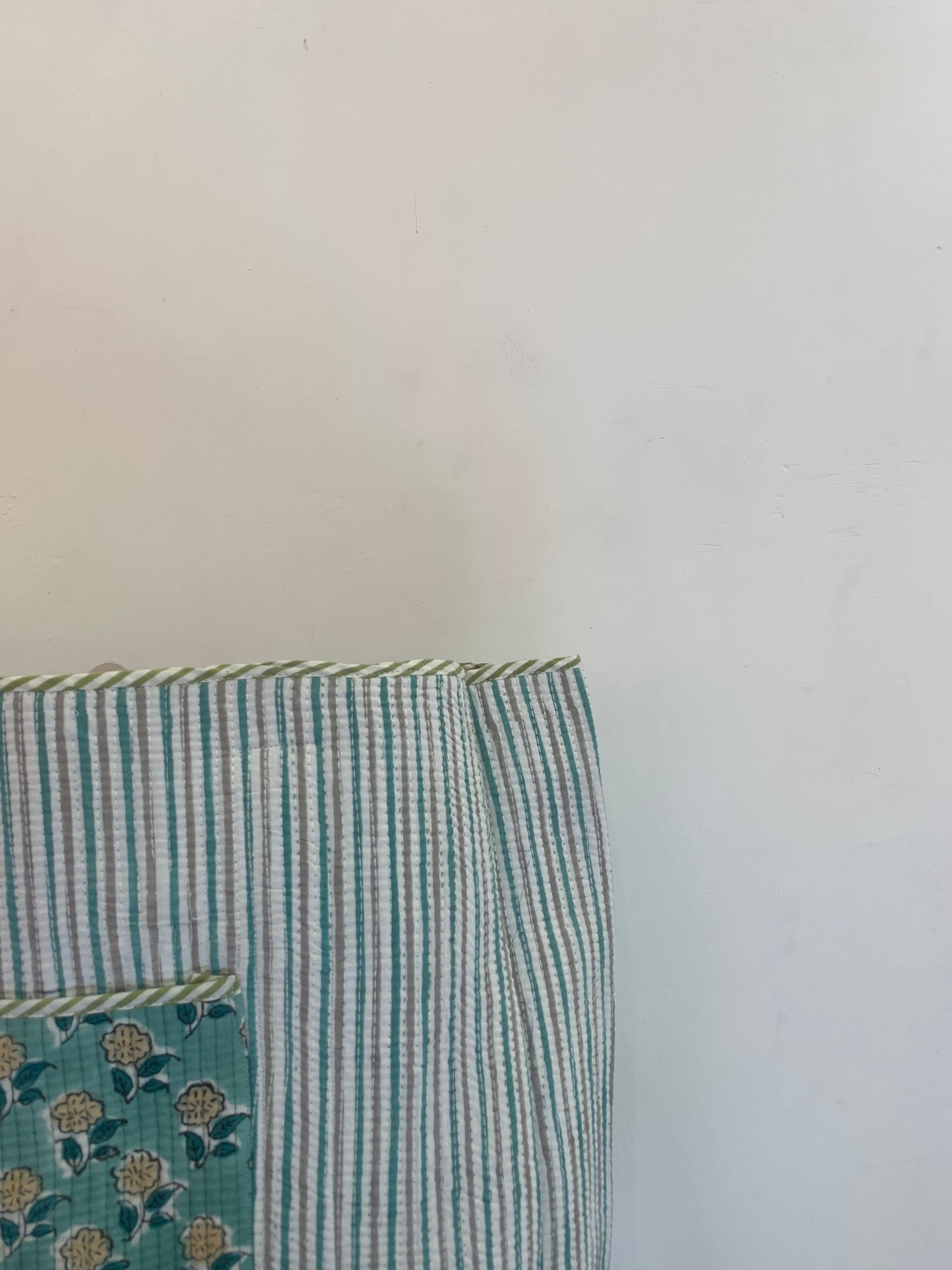 green womens reversible tote bag with yellow floral pattern- with inside pocket- 18” x 18”