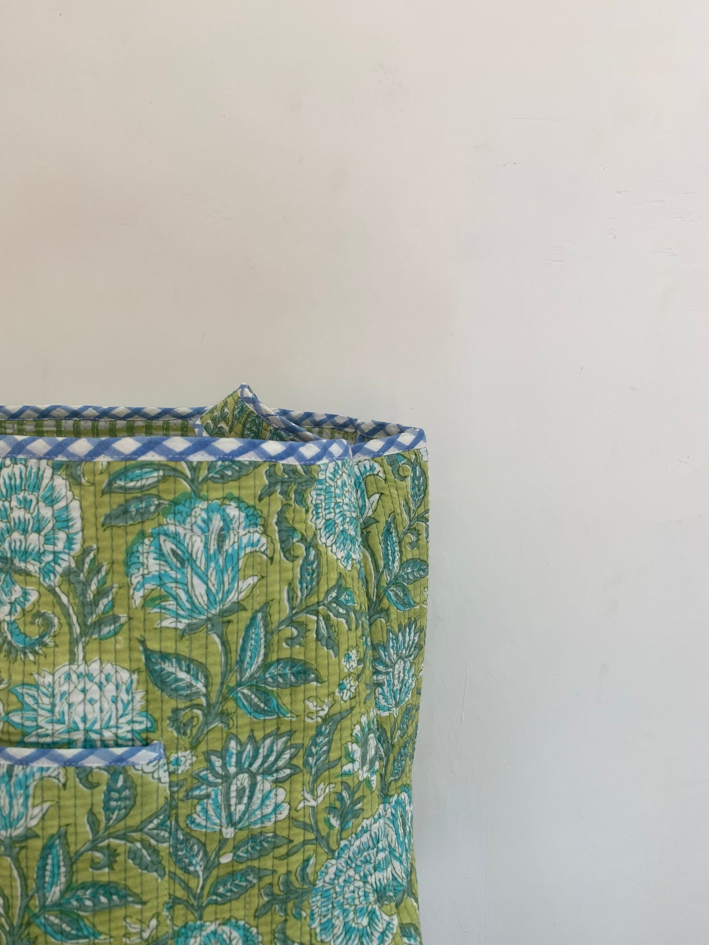 green and white plaid womens reversible tote bag with green and blue floral inside- with pocket- 16" x 16"