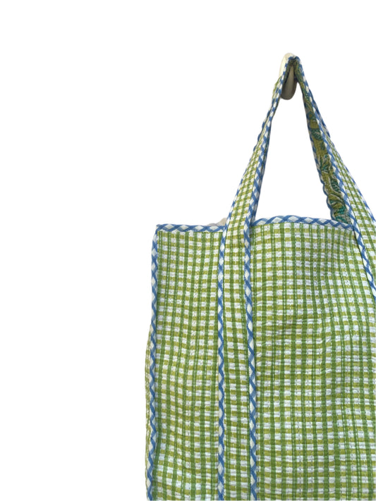green and white plaid womens reversible tote bag with green and blue floral inside- with pocket- 16" x 16"