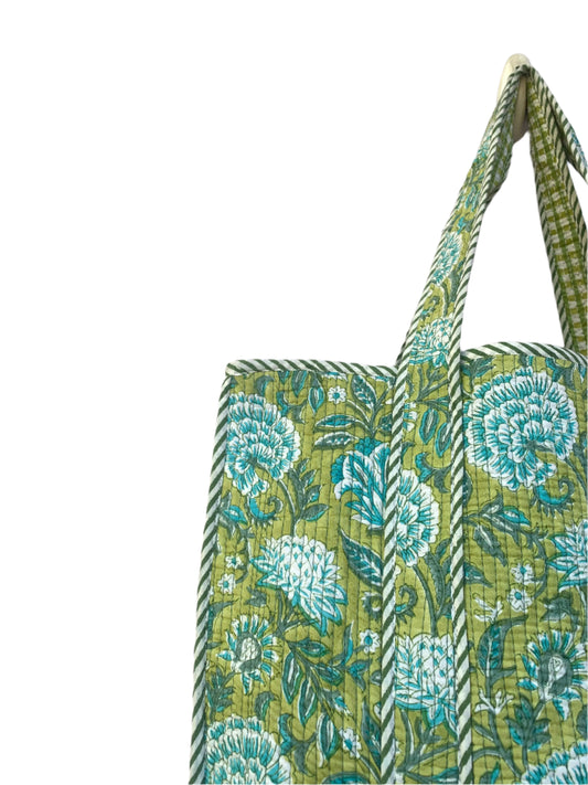 cotton green floral reversible bag - hand block printed - with pocket - 18” x 18”