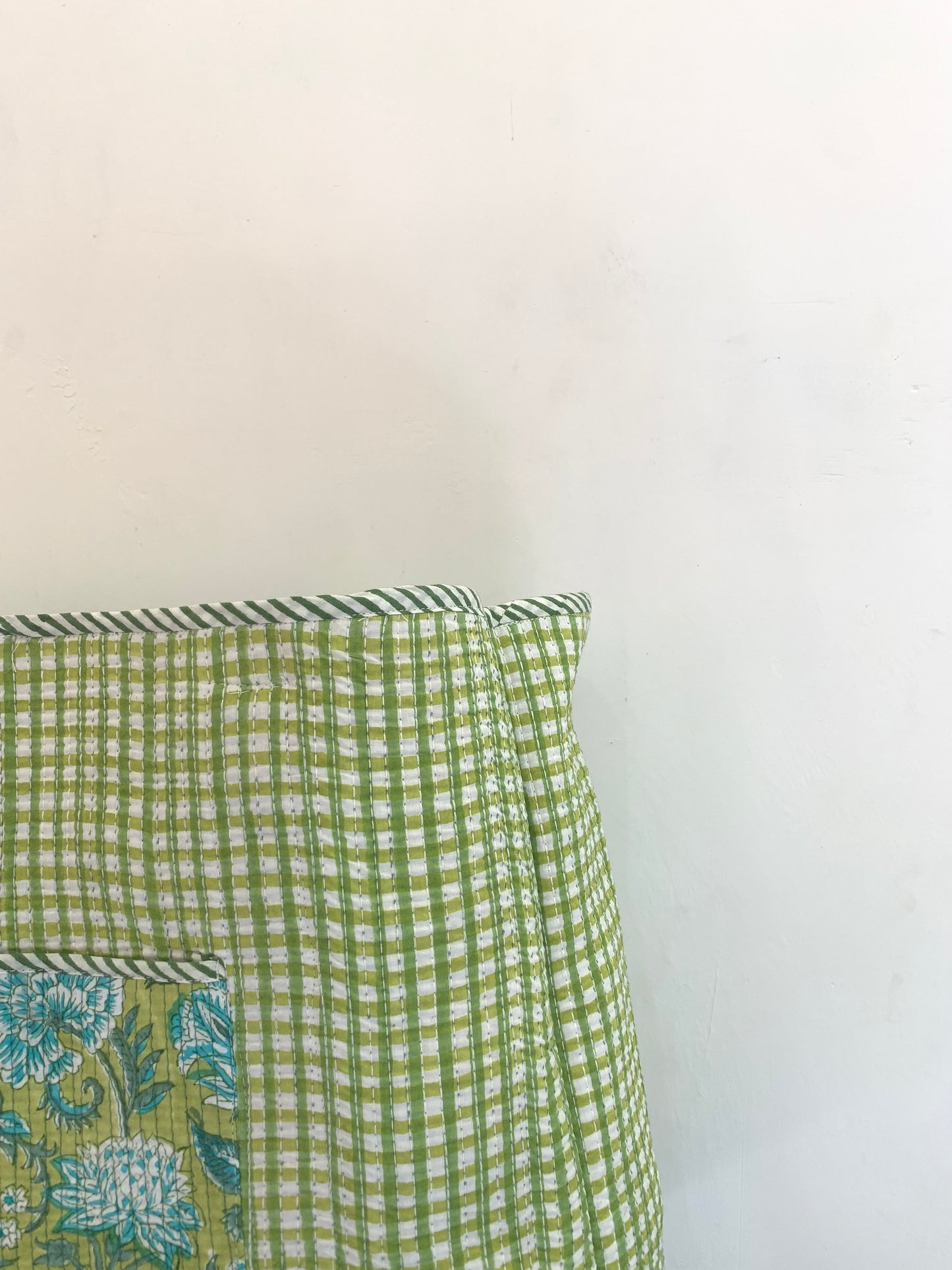 cotton green floral reversible bag - hand block printed - with pocket - 18” x 18”