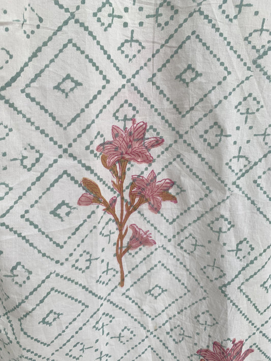 Ivory Floral Geometric Hand Block Print Cotton Beach Mini Kaftan Dress– Boho Resort Tunic with V Neck & Relaxed Fit