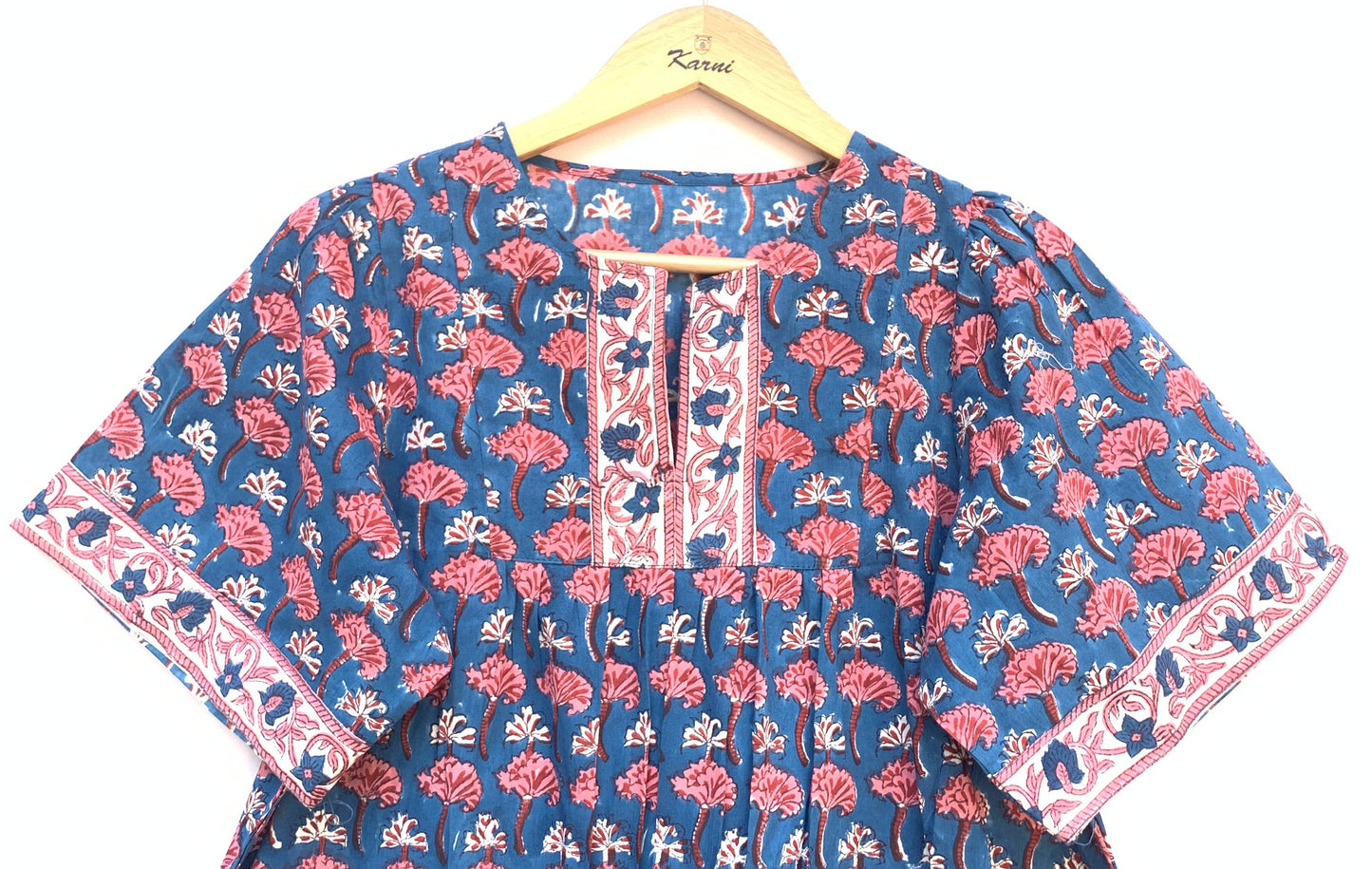 cotton blue pink floral hand block printed women's tops and blouse