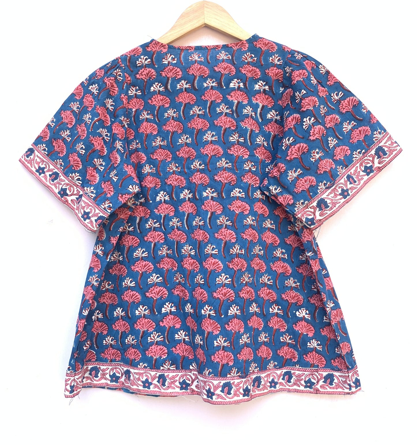 cotton blue pink floral hand block printed women's tops and blouse