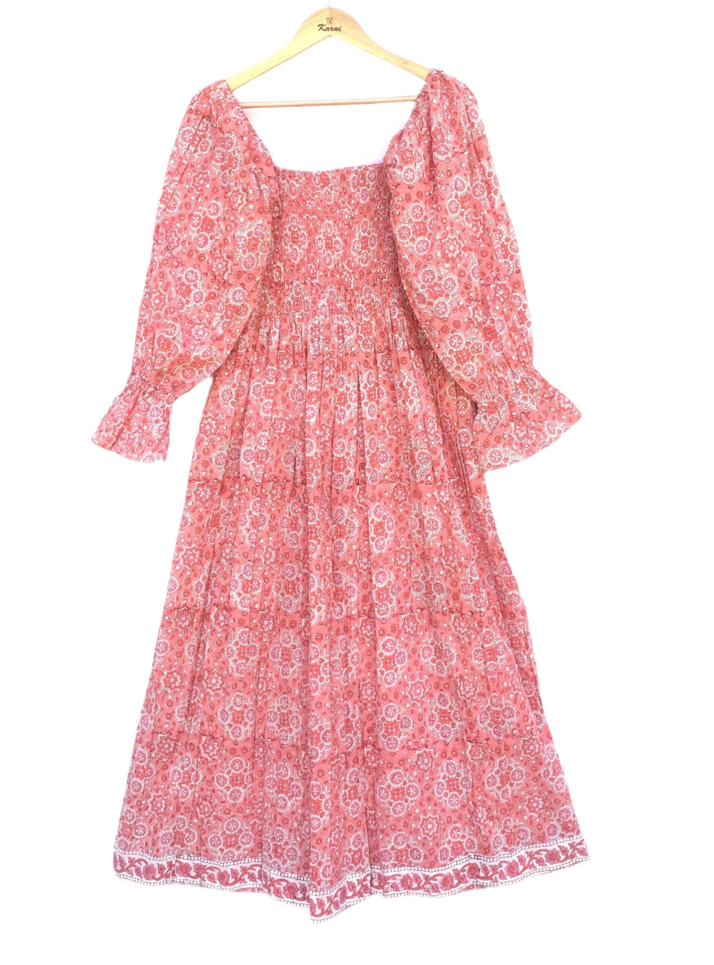 pink geometric women's hand block printed maxi dress with smocking