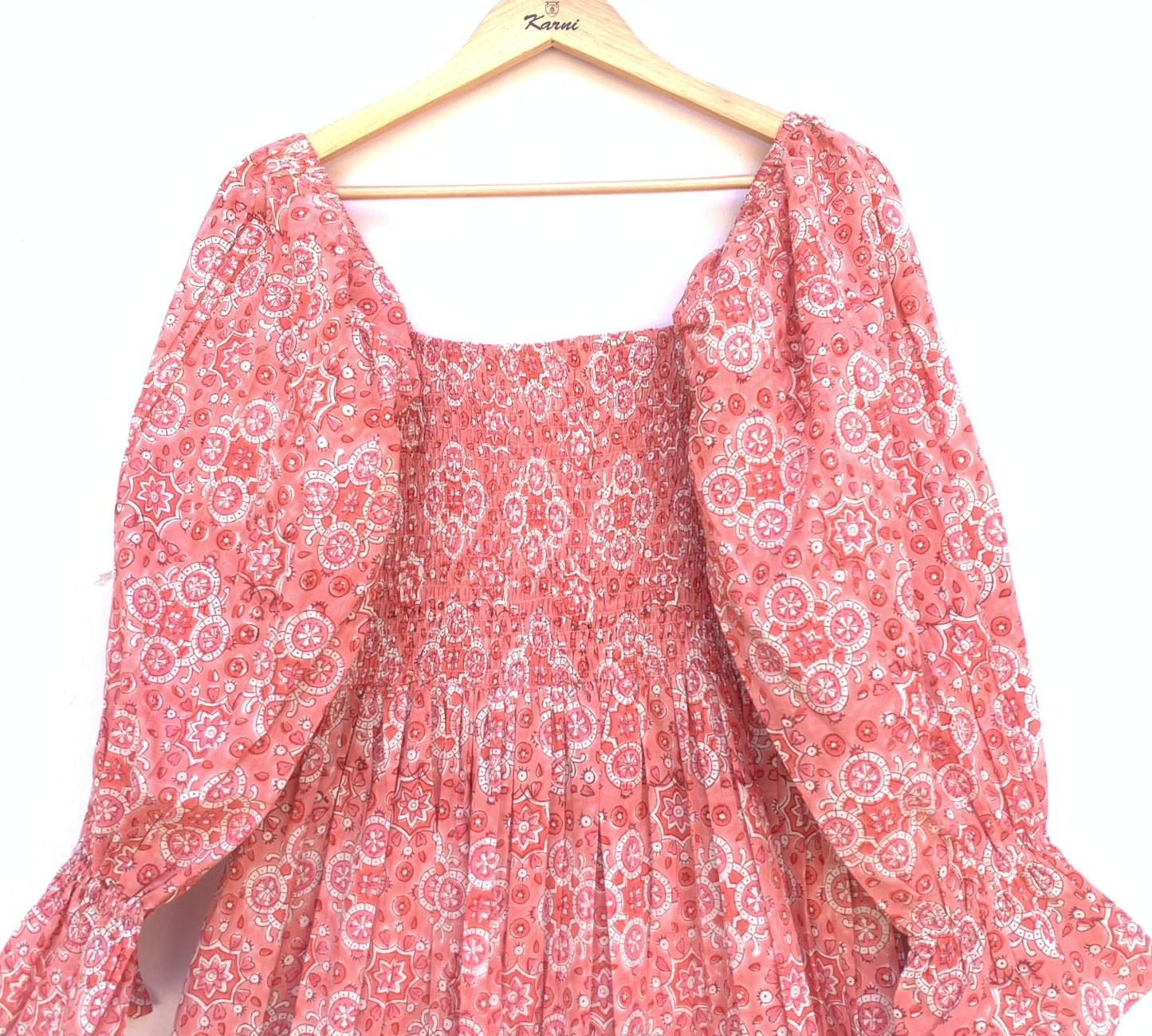 pink geometric women's hand block printed maxi dress with smocking