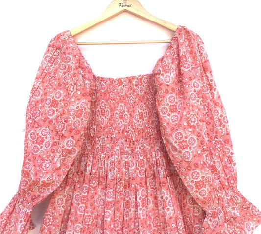 Dusty Rose Floral Hand Block Printed Cotton Midi Dress – Smocked Bodice Puff Sleeve Boho Dress
