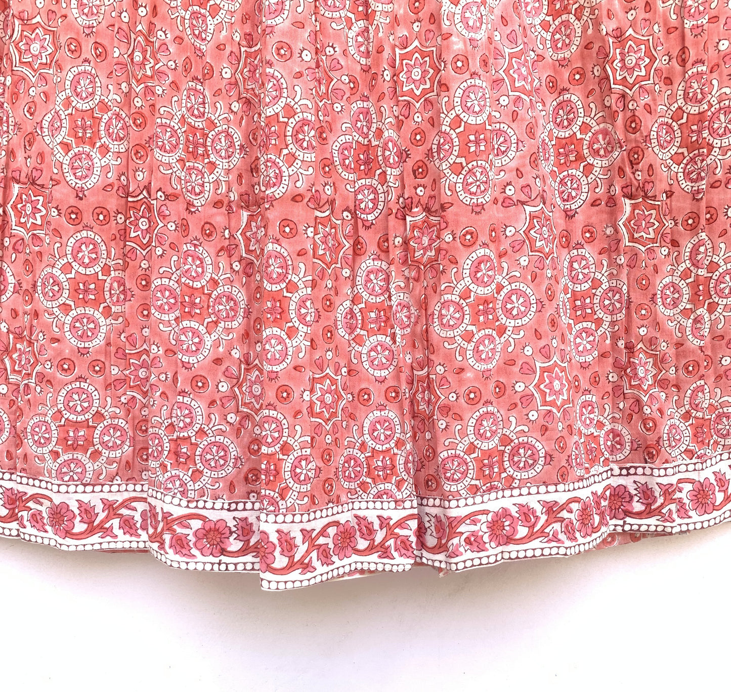 pink geometric women's hand block printed maxi dress with smocking
