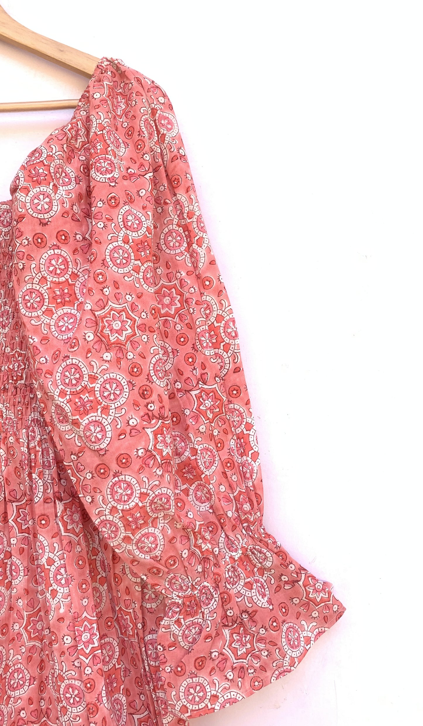 pink geometric women's hand block printed maxi dress with smocking