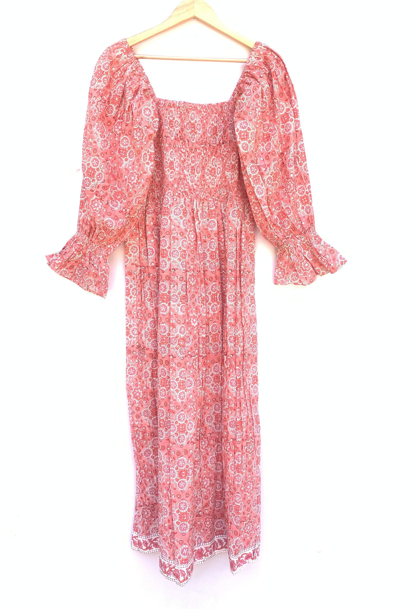 pink geometric women's hand block printed maxi dress with smocking
