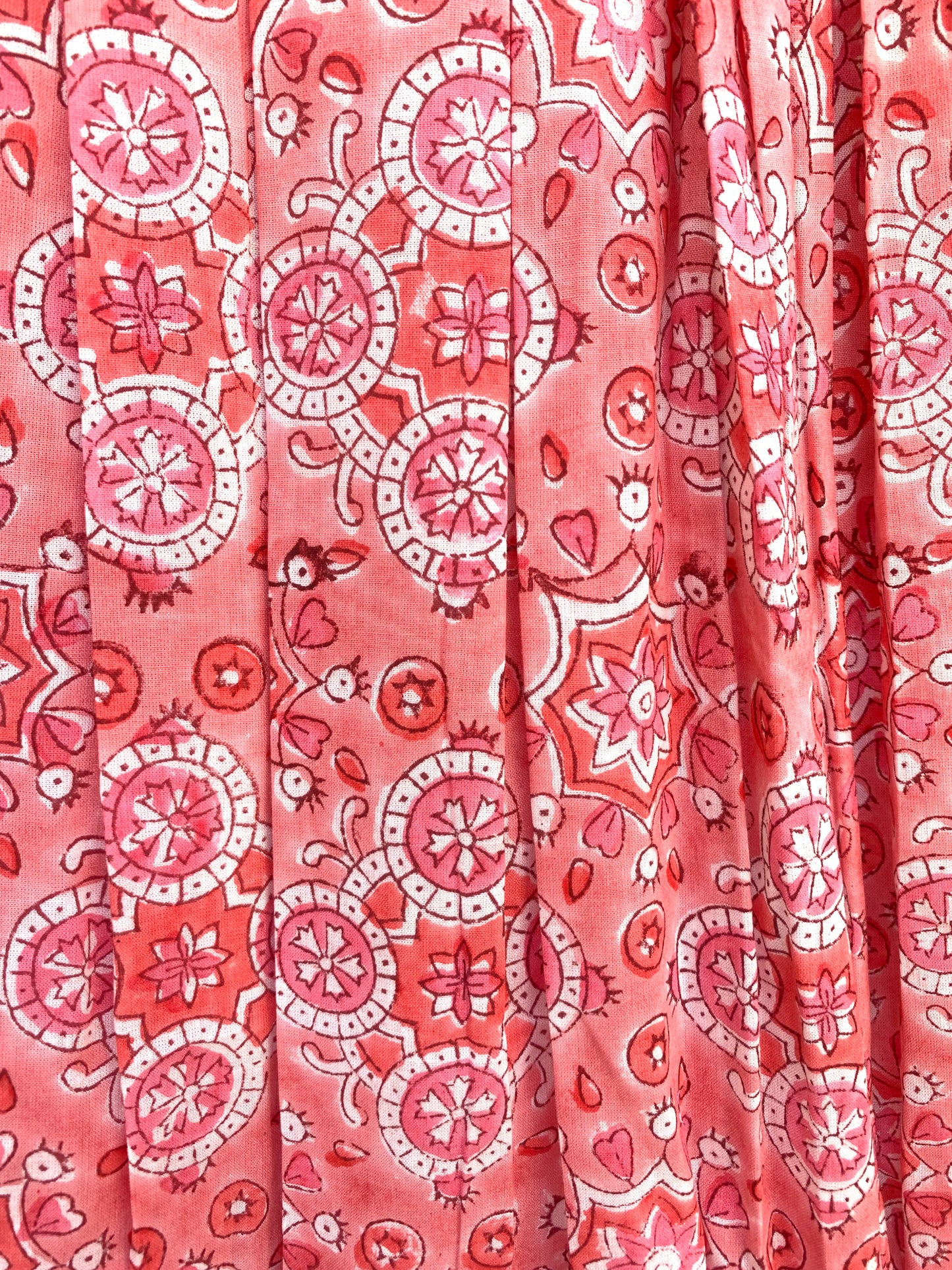 pink geometric women's hand block printed maxi dress with smocking