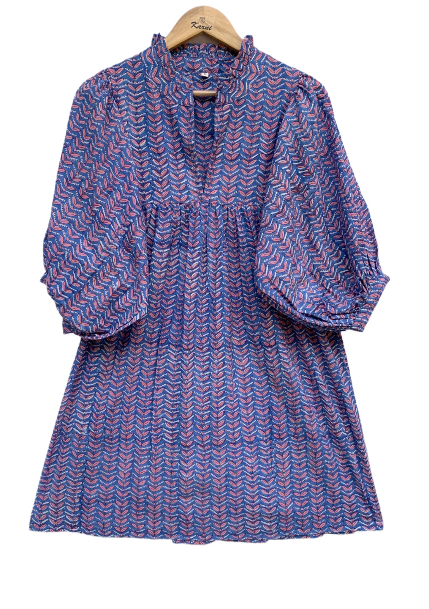 blue cotton womens mini dress with pink detailing
