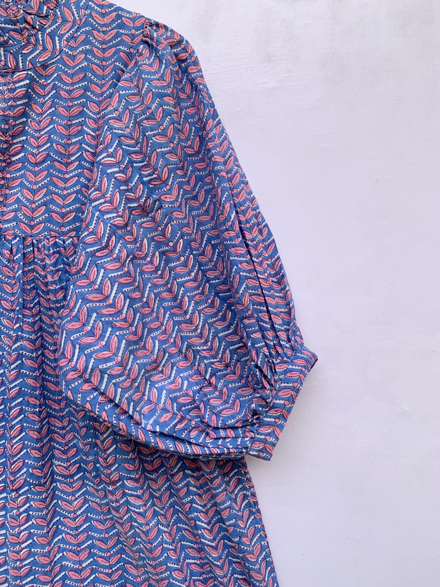 blue cotton womens mini dress with pink detailing